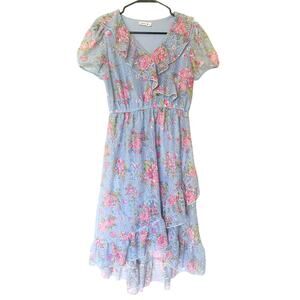 Beautees Girls 16 Blue Floral Lace Faux Wrap High Low Ruffle Dress Cottagecore